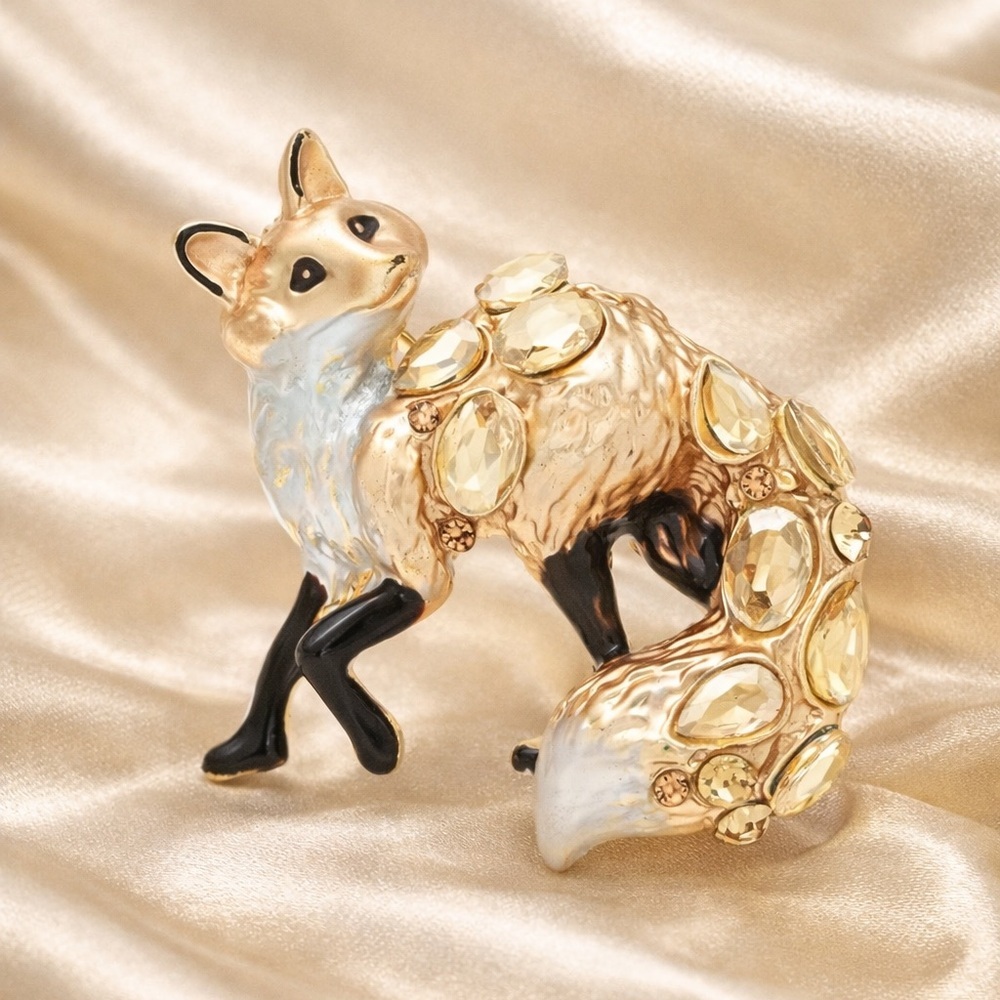 Modern Gold Fox Crystal Brooch